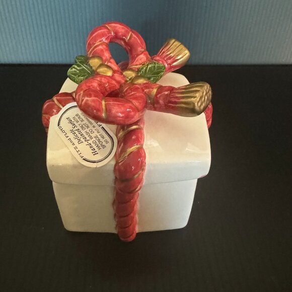 Vintage Fitz & Floyd 1988 Christmas Ceramic White Red Gold Ribbon Trinket Gift - Picture 3 of 9